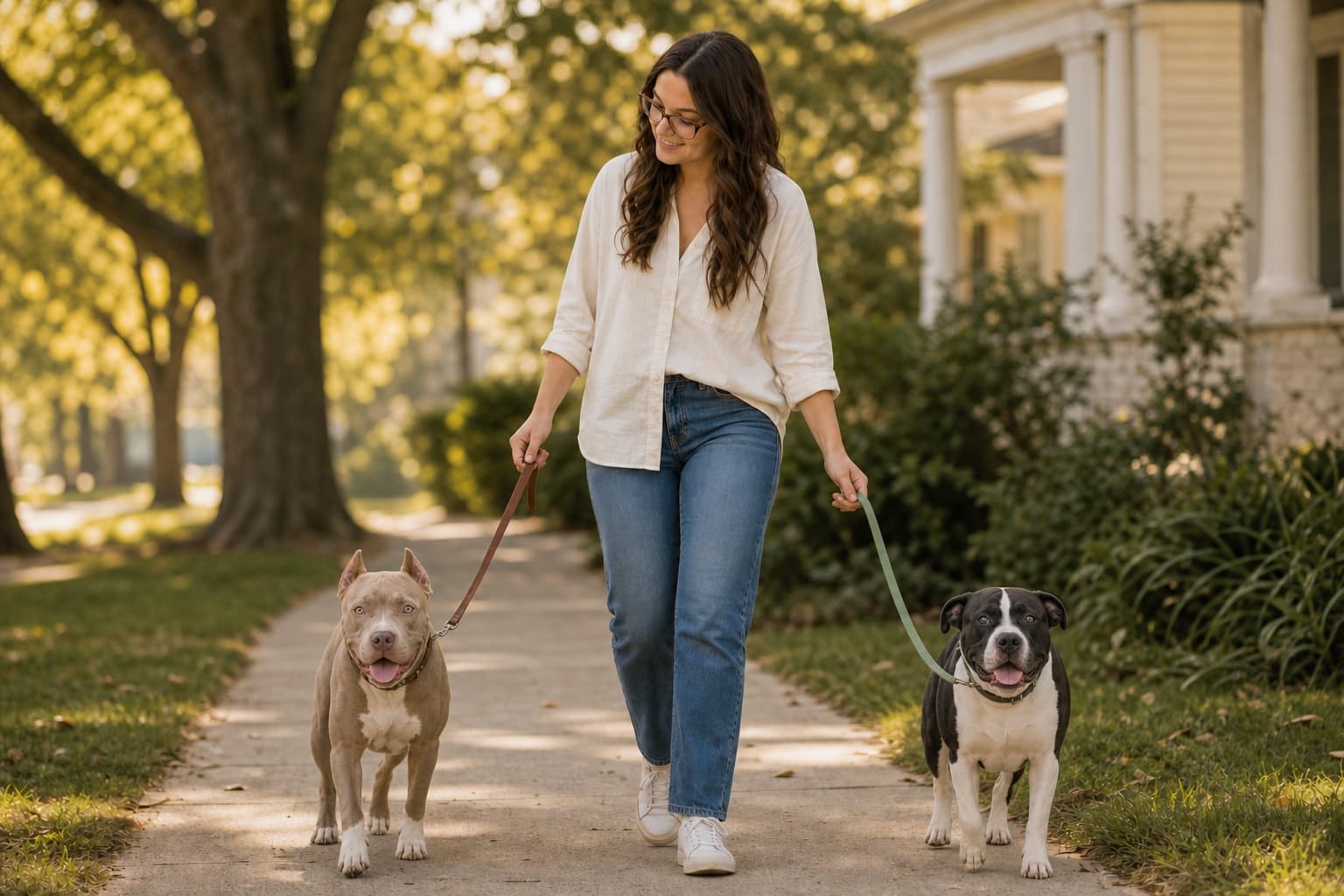Maggie walking two dogs with their own separate leashes