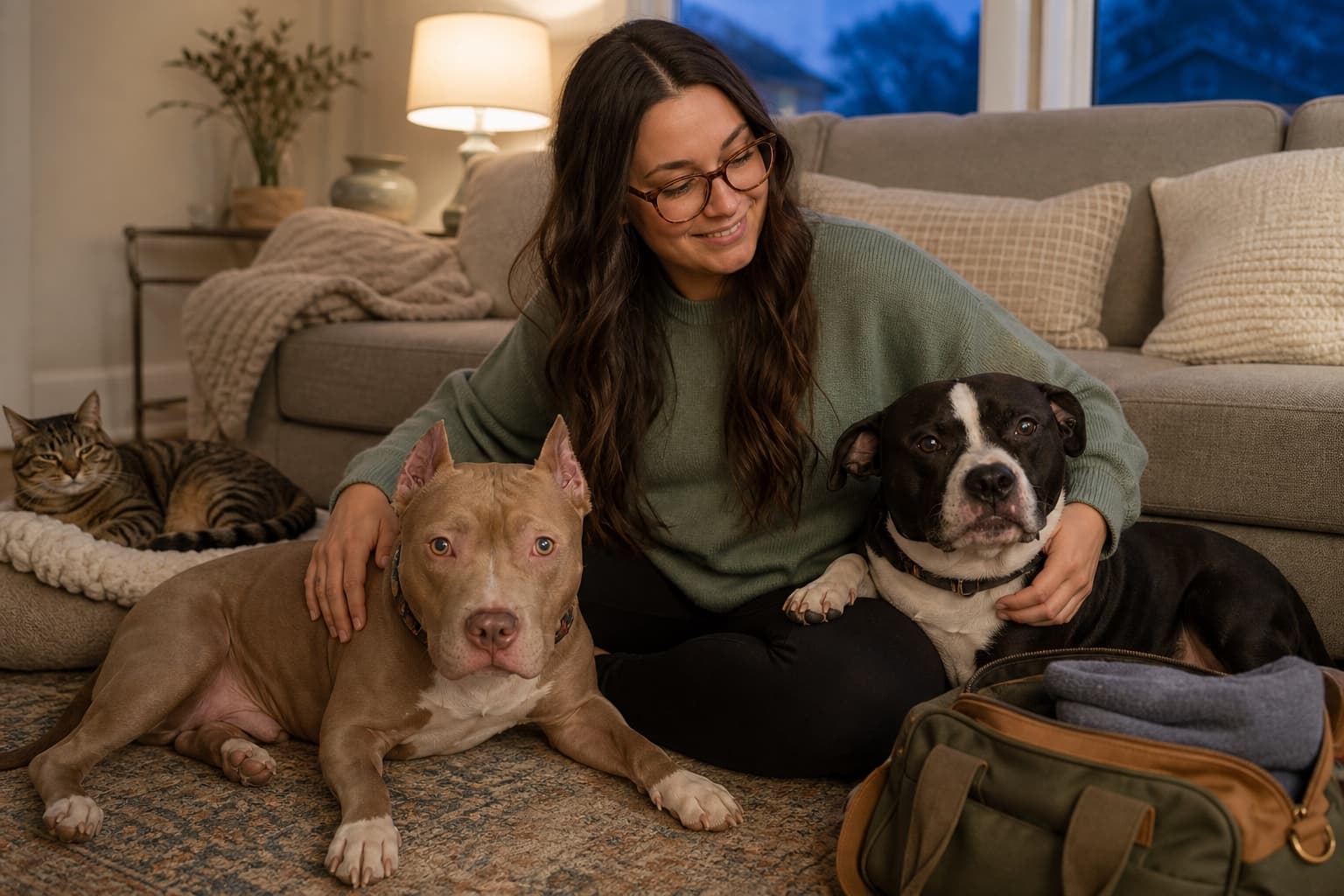 Maggie caring for dogs and a cat during an overnight stay